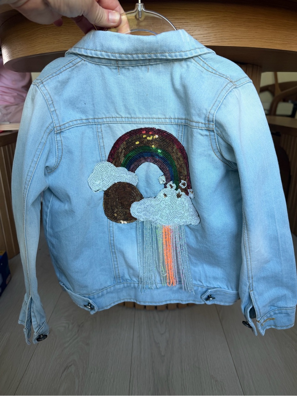 Lola + The Boys Light Blue Denim Jacket with Rainbow Sequin Patch